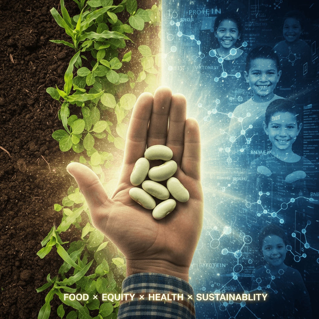 Beans Climate Change Solution: A farmer holds glowing kidney beans that transform the background into nitrogen-rich soil and healthy crops.