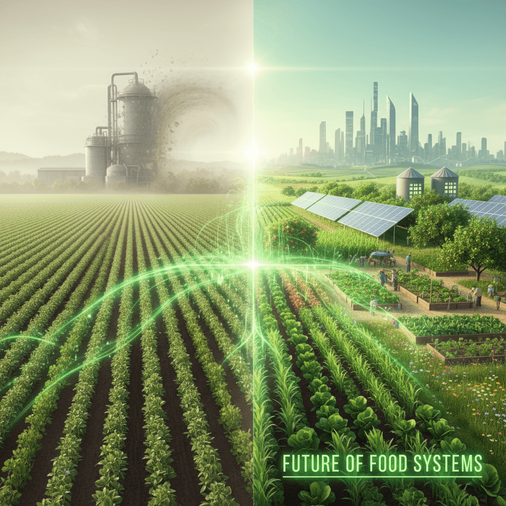 Visualizing the Future of Food Systems: A split image showing industrial monoculture and pollution dissolving into regenerative farming, solar power, and green city planning.