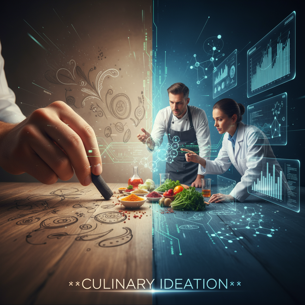 Culinary Ideation where art meets science: A chef and a food scientist collaborate over ingredients, with one side showing creative sketches and the other displaying digital data and analytics.