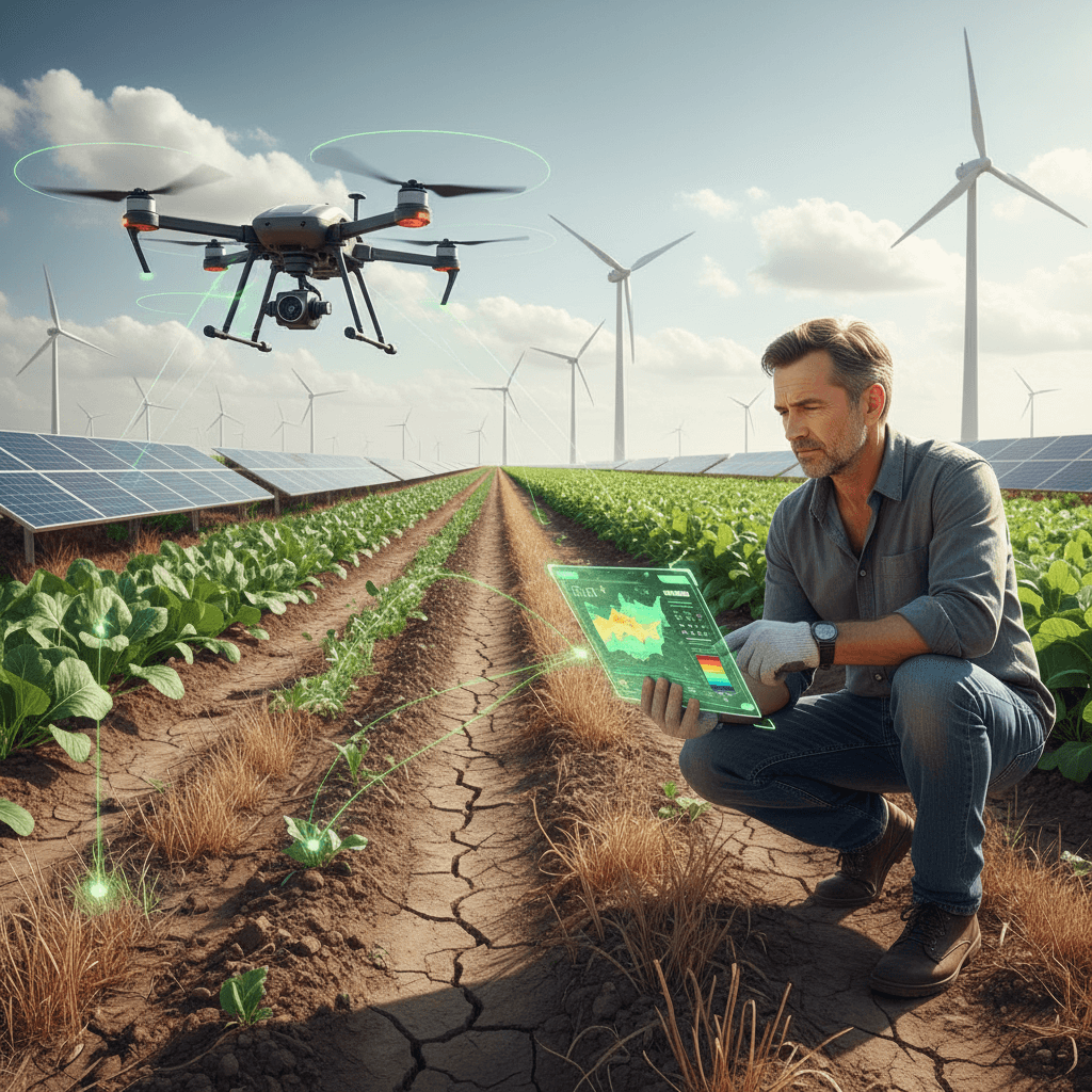 Farmer using a drone and digital tablet for precision agriculture on dry land, surrounded by solar panels and wind turbines, representing the Future of Sustainable Agriculture.