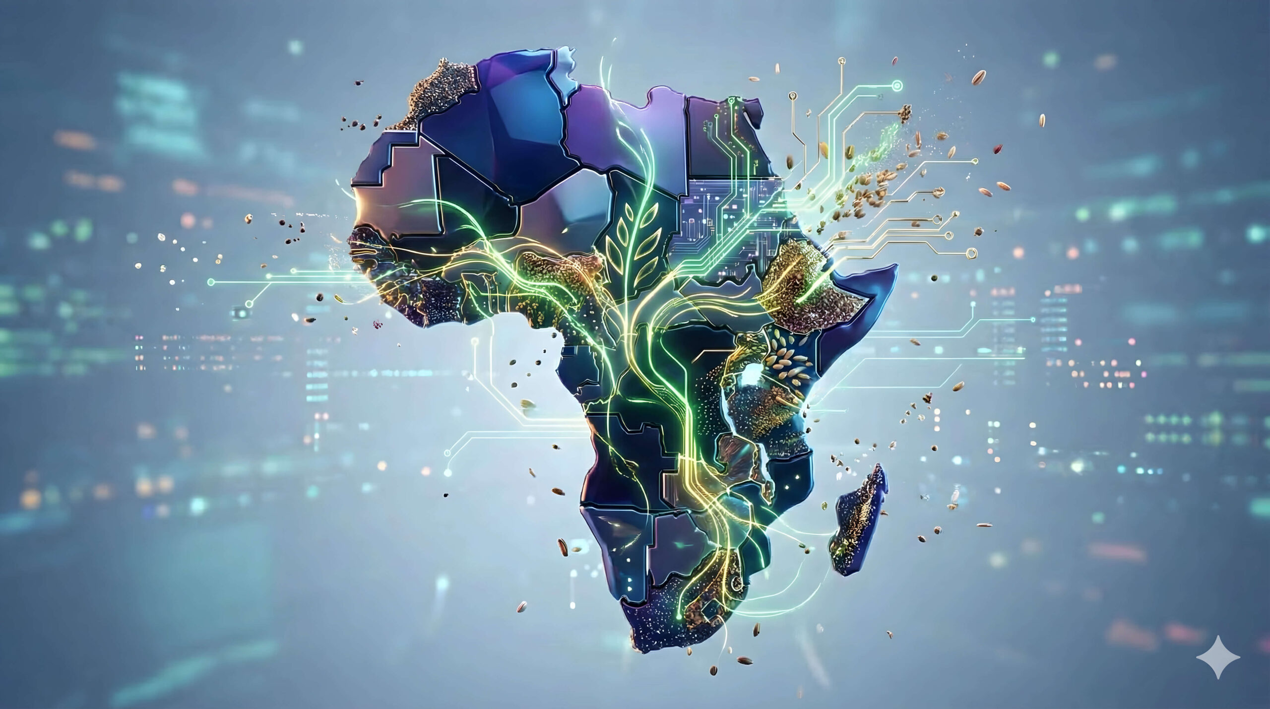 3D abstract illustration of Africa’s food economy with geometric shapes forming Africa’s map, glowing green and gold lines representing agricultural growth and innovation