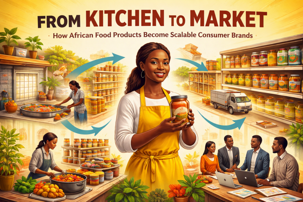 African food entrepreneur scaling an African food brand from kitchen to market through cooking, packaging, distribution, and retail systems