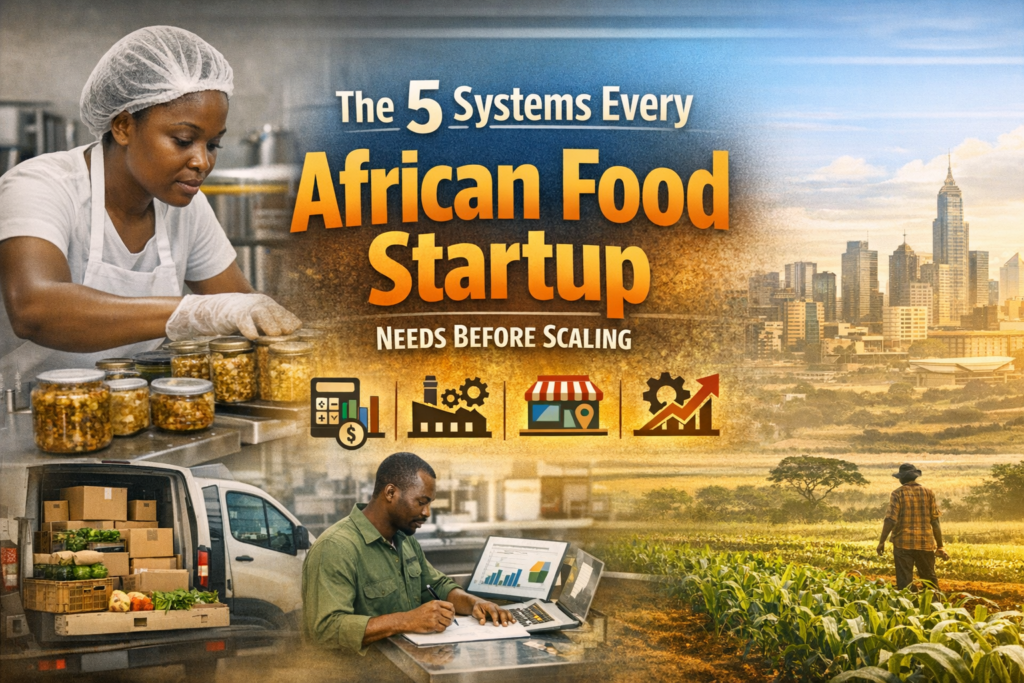 African food startup entrepreneur preparing packaged products alongside visuals of finance, distribution, and agriculture systems for scaling a food business
